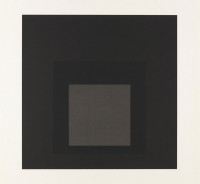Josef Albers's Midnight + Noon I, lithograph, features nested squares in black and gray tones, exploring tonal variation and depth.