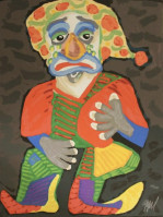 Karel Appel’s Il Pagliacci, lithograph, expressionistic colorful depiction of an Italian clown with exaggerated features.