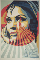 Shepard Fairey Obey, offset lithograph, woman's face with jewelry, red and white rays backdrop, bold graphic style with cultural elements.
