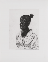 Kerry James Marshall Untitled Woman etching of Black woman with head turned and coat, stark linework and shading, edition of 50.   