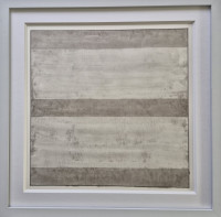 A minimalist composition by Agnes Martin featuring faint horizontal gray bands on a light parchment background, conveying a sense of quiet and balance.