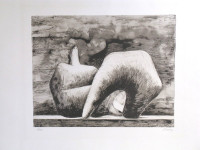 Henry Moore’s Reclining Figure Pointed C. 543, 1979 lithograph with abstract, curving figure in monochromatic tones, emphasizing sculptural form.