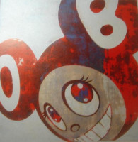 Takashi Murakami's Red DOB and Then and Then, offset print, close-up of Mr. DOB with large red ears, wide grin, and distressed effect.