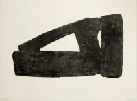 Pierre Soulages Eau-forte XXXII etching with bold black abstract form and angular cutouts on white Arches paper.