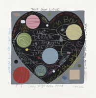 David Spiller's Only to Be with You, silkscreen print, heart shape filled with phrases and colorful abstract circles and doodles.