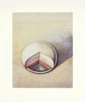 Wayne Thiebaud Neapolitan Pie lithograph, round slice of Neapolitan ice cream in soft pastels on a plate, minimalist and nostalgic style.