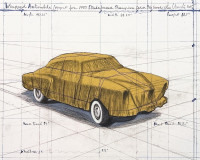Christo Javacheff, Wrapped Automobile, Project for Studebaker, lithograph; yellow-wrapped car drawn on graph-like background with measurements.