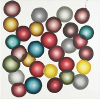 Ross Bleckner Untitled 2001 painting with luminous red, yellow, blue, and silver spheres floating on white canvas.