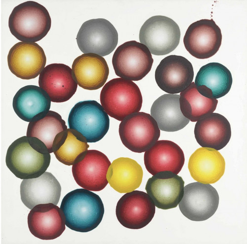 Ross Bleckner Untitled 2001 painting with luminous red, yellow, blue, and silver spheres floating on white canvas.