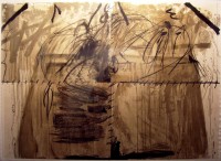 Antoni Tàpies' Moix lithograph with abstract gestures, dark smudges, and muted grayscale tones, reflecting introspection.