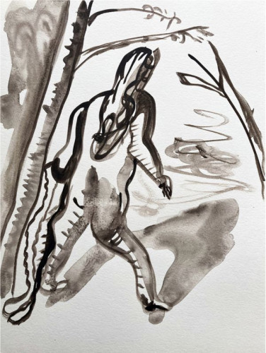 Abstract figure in black and gray brushstrokes by Albert Oehlen, suggesting movement through a natural landscape. Abstract figure in black and gray brushstrokes by Albert Oehlen, suggesting movement through a natural landscape.