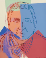 Andy Warhol Gertrude Stein screenprint with geometric color blocks and bold line drawing dividing the face in red, blue, and peach.