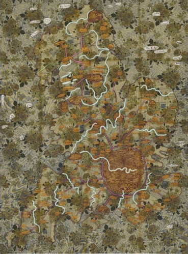 Grayson Perry England as Seen During Lockdown print with fictional map, orange labels, rivers, and floral cotton background.  