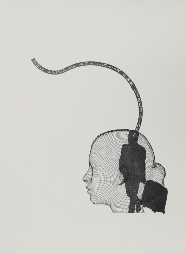 Jaume Plensa The people are their own liberators relief print with wireframe child head and walking figure, text ribbon arched above.