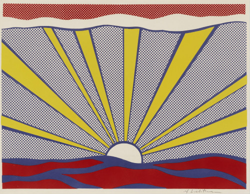 Roy Lichtenstein Sunrise 1965 offset lithograph of stylized sun over waves with yellow rays and Ben-Day dot sky in red, blue, and yellow. Roy Lichtenstein Sunrise 1965 offset lithograph of stylized sun over waves with yellow rays and Ben-Day dot sky in red, blue, and yellow.