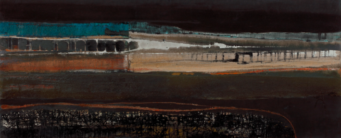 Walter Leblanc Antwerp mixed media painting with abstract landscape in dark tones and blue strip on hardboard panel