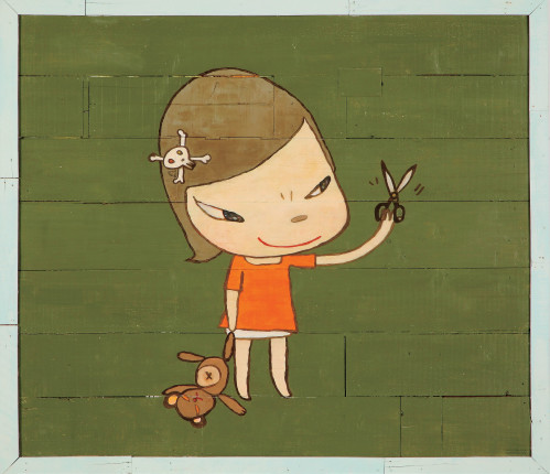 Yoshitomo Nara Real One 2020 offset print of girl with scissors and teddy bear on green background with skull hairpin