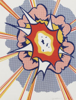 A bold, comic book-style explosion by Roy Lichtenstein with red, yellow, and blue bursts, surrounded by Ben-Day dots and radiating lines, evoking dramatic motion.