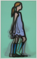 A lenticular artwork by Julian Opie showing a simplified, stylized girl with a ponytail walking left, wearing a blue dress and tall socks, with overlapping outlines suggesting movement, against a mint green background.
