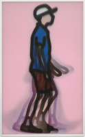 A lenticular artwork by Julian Opie showing a stylized figure of a boy in a cap, blue shirt, and red shorts walking left, with motion effects created by layered outlines against a pink background.
