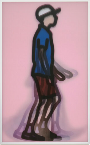 A lenticular artwork by Julian Opie showing a stylized figure of a boy in a cap, blue shirt, and red shorts walking left, with motion effects created by layered outlines against a pink background.