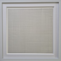 A minimalist grid lithograph by Agnes Martin featuring an evenly spaced hand-drawn square grid in black on translucent parchment, framed in white.