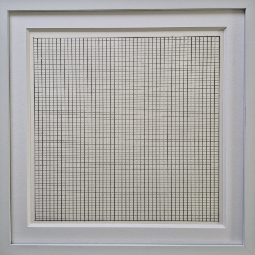 A minimalist grid lithograph by Agnes Martin featuring an evenly spaced hand-drawn square grid in black on translucent parchment, framed in white.