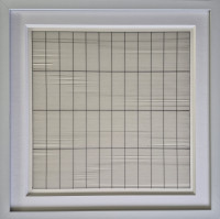 A minimalist lithograph by Agnes Martin featuring a grid of fine horizontal lines intersected by fewer vertical lines, creating elongated rectangular forms. Printed on translucent parchment and framed in white.