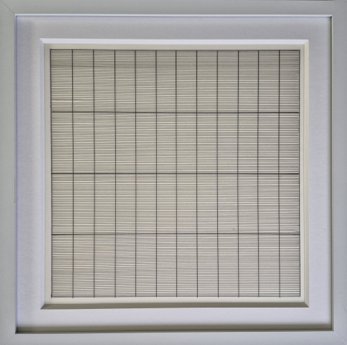 A minimalist lithograph by Agnes Martin featuring a grid of fine horizontal lines intersected by fewer vertical lines, creating elongated rectangular forms. Printed on translucent parchment and framed in white.
