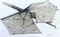 Abstract ink and wash drawing by Lynn Chadwick with angular wing-like shapes, intersecting lines, and soft grey textures, signed 