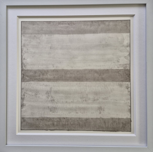 A minimalist composition by Agnes Martin featuring faint horizontal gray bands on a light parchment background, conveying a sense of quiet and balance.
