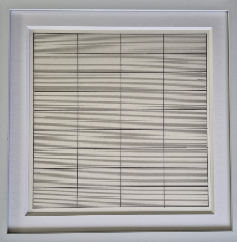 Agnes Martin Untitled 10 lithograph on vellum with dense horizontal lines and vertical divisions forming a precise rectangular grid