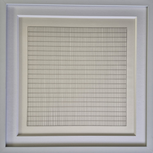 Agnes Martin Untitled 8 lithograph on vellum featuring a precise grid of fine vertical and horizontal lines on a pale background