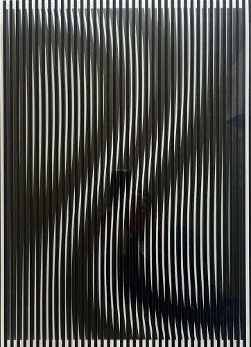 Alberto Biasi Break Dance plexiglass layered optical art with black and white warped parallel lines creating moiré movement  