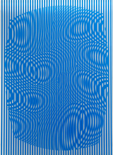 Alberto Biasi Gocce Celesti plexiglass layered optical art with blue and white stripes forming shimmering wave-like moiré patterns