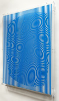 Alberto Biasi Gocce Celesti plexiglass layered optical art with blue and white stripes forming shimmering wave-like moiré patterns