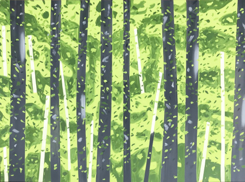 Alex Katz 10:30 AM silkscreen with stylized dark tree trunks over a bright green abstract forest background.