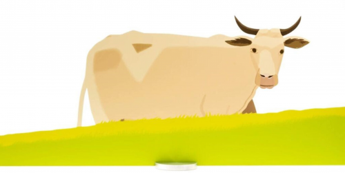 Alex Katz Cow (small) sculpture, shaped aluminium with color screenprint of a beige cow on green grass, both sides printed.