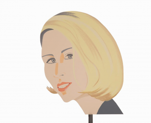 Alex Katz Jessica portrait sculpture, shaped aluminium head of a blonde woman printed on both sides, mounted on metal base.