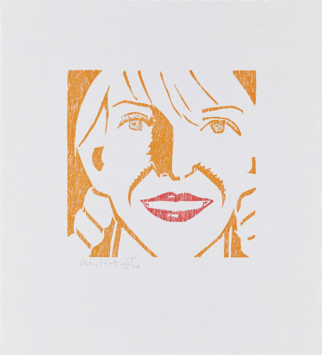 Alex Katz Jessica woodcut portrait with orange contours and red lips on white Hosho paper.