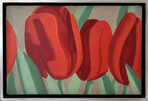 Alex Katz Red Tulips oil painting of cropped vivid red tulip heads with green leaves on muted gray background