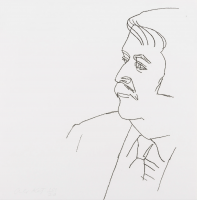 Alex Katz, Seated Man (Schröder 125) (1980), soft-ground etching of a man in profile, drawn with sparse, fine black lines on white paper; minimalist portrait focusing on expression and contour.