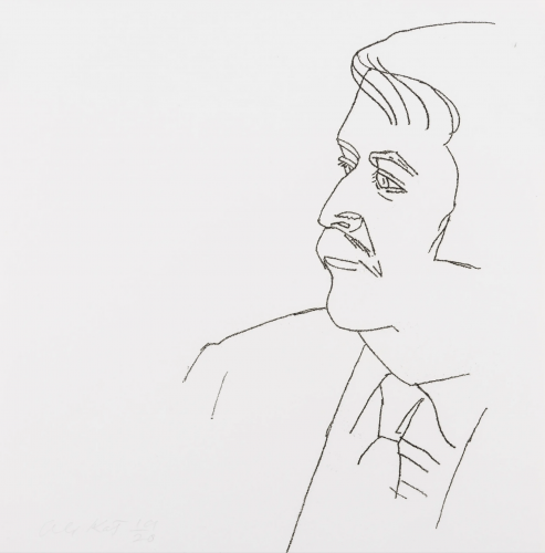 Alex Katz, Seated Man (Schröder 125) (1980), soft-ground etching of a man in profile, drawn with sparse, fine black lines on white paper; minimalist portrait focusing on expression and contour.