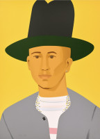 Alex Katz The Creative Director silkscreen portrait of Pharrell in gray coat and green hat on bright yellow background