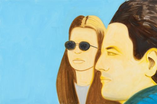 Alex Katz's White Lotus 1, pigment print of a man and a woman in profile against a light blue background, with stylized flat colors.