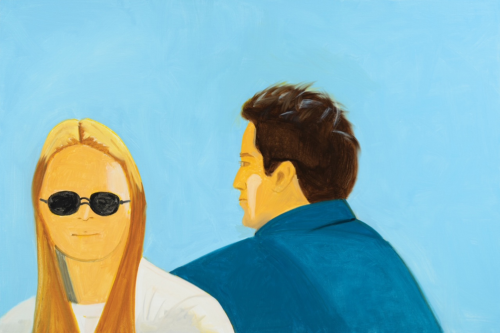 Alex Katz's White Lotus 10, archival pigment print with two stylized figures against a flat blue background, one in profile. 
