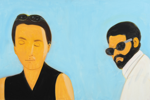 Alex Katz's White Lotus 2, pigment print of a woman with closed eyes and a man turning away, set against a flat blue background.