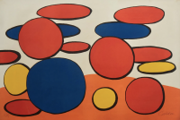 Alexander Calder Composition aux cercles lithograph with bold red, blue, and yellow circles on cream and orange background