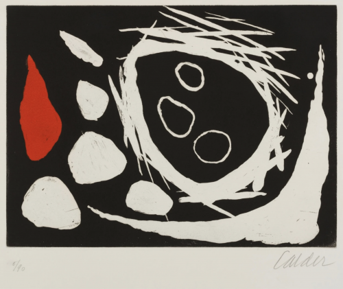Alexander Calder Le crâne dans le nid color lithograph with white and red abstract forms on black background