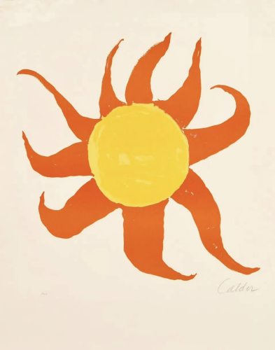 Alexander Calder Red Sun color lithograph with bold yellow circle and red flame-like rays on cream background  